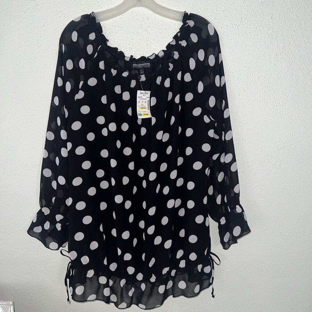 Mishca Tunic Blouse‎ XL Black White Polka Dot Off Shoulder  Ruffles Sleev Bottom